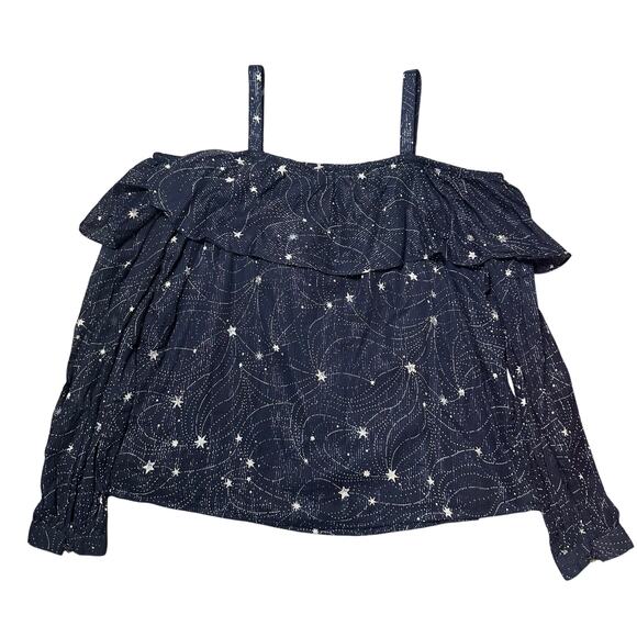 Anthropologie Floreat Navy Blue Star Print Long Sleeve Cold Shoulder Blouse NEW - Picture 6 of 7